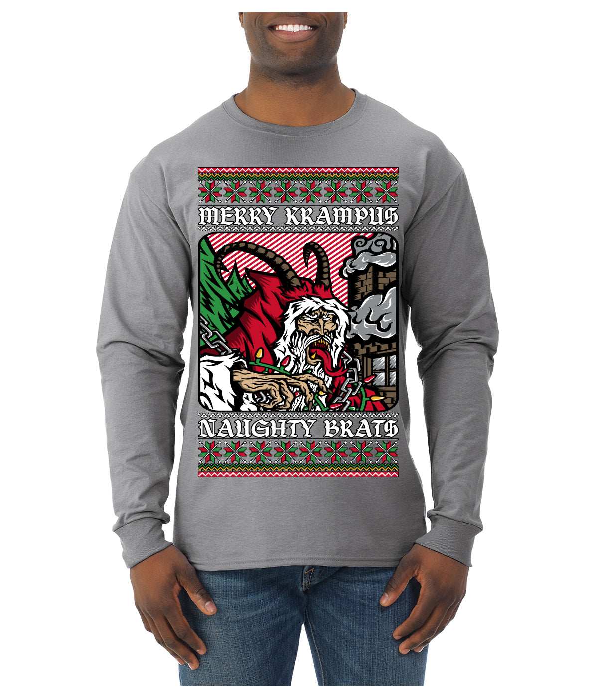 Merry Krampus Naughty Brats | Funny Ugly Christmas Sweater Mens Long Sleeve Shirt