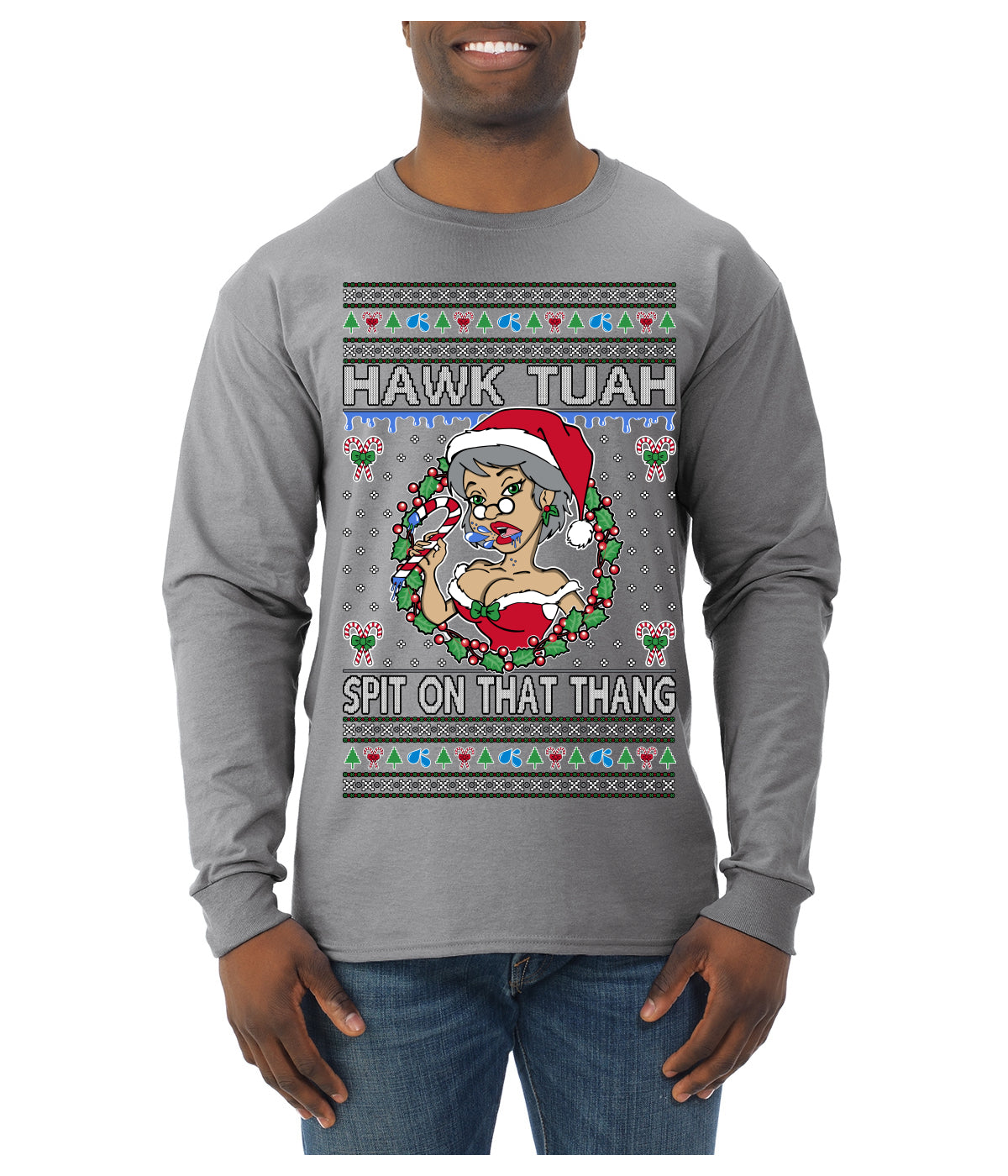 Hawk Tuah Spit On That Thang Mrs Claus Funny Meme Ugly Christmas Sweater Mens Long Sleeve Shirt