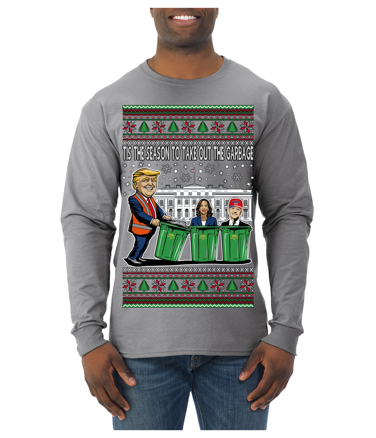 Tis the Season to Take Out the Garbage President Trump Ugly Christmas Sweater Mens Long Sleeve Shirt