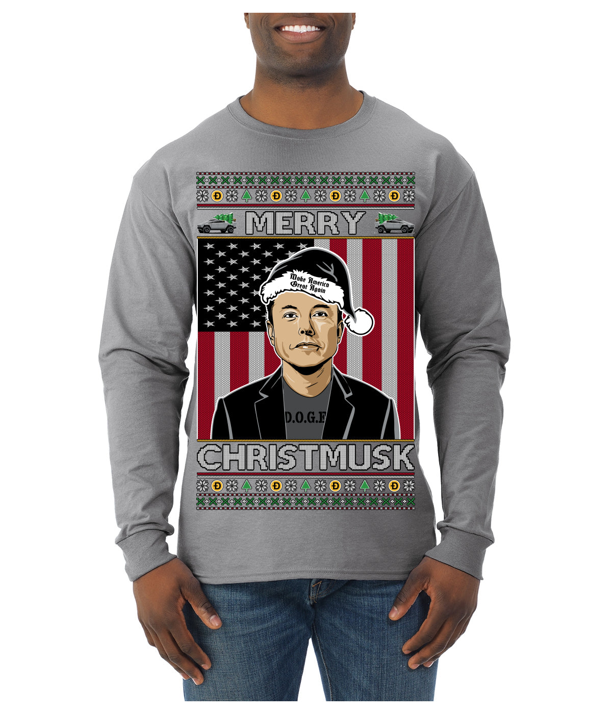 Merry Christmusk Funny Dark MAGA Santa Elon Doge Meme Ugly Christmas Sweater Mens Long Sleeve Shirt