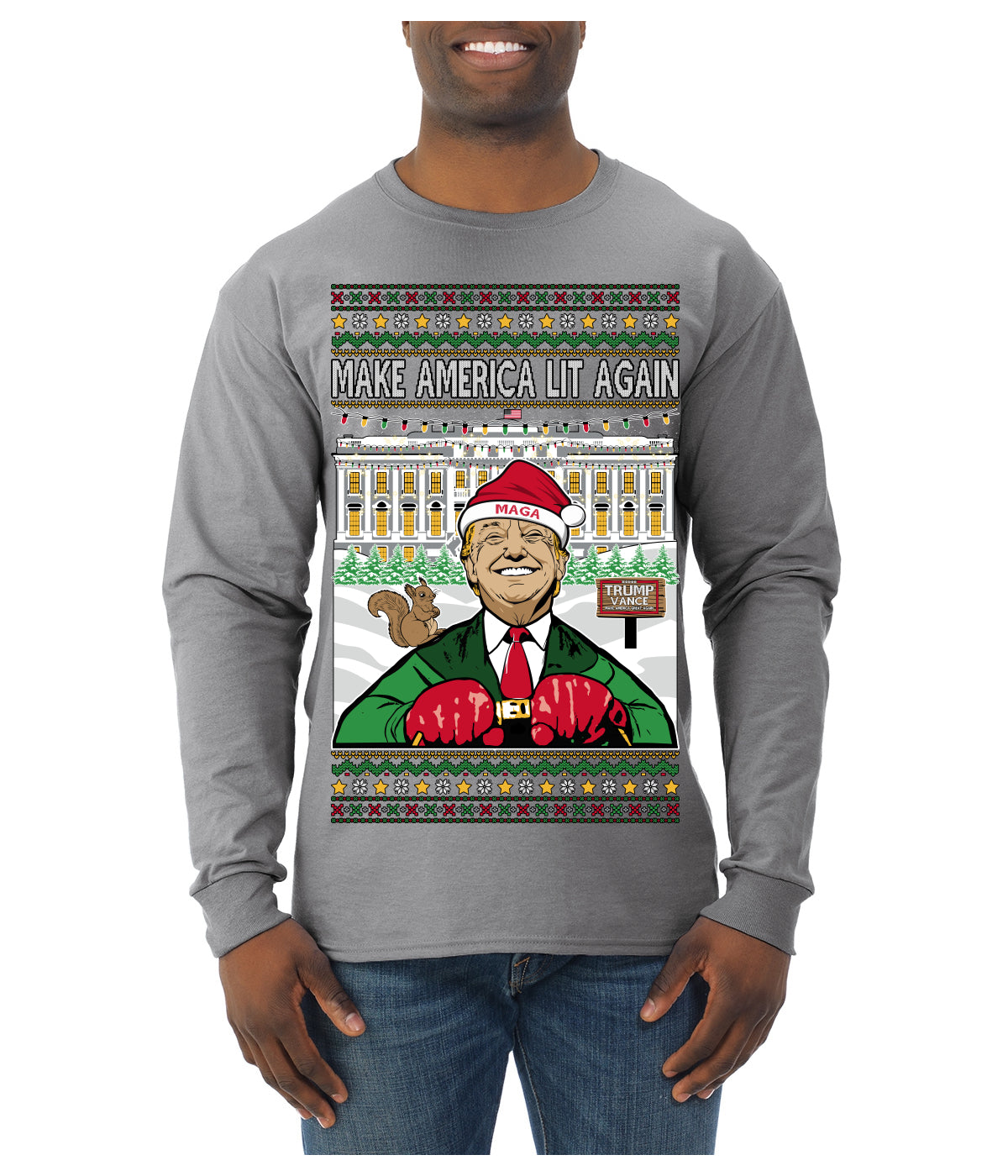 Make America Lit Again Funny Trump 2024 White House MAGA Ugly Christmas Sweater Mens Long Sleeve Shirt