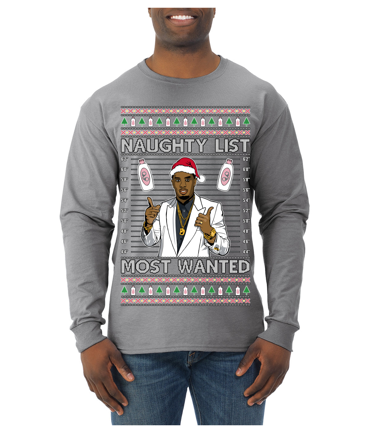 Naughty List Most Wanted, Funny Santa P Diddy Diddler Funny Party Viral Music Baby Oil Meme Ugly Christmas Sweater Mens Long Sleeve Shirt