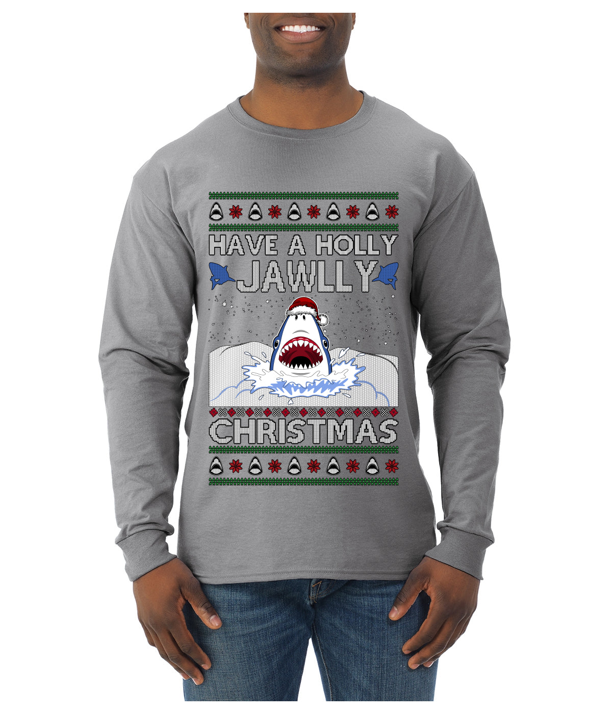Have a Holly Jawlly Christmas, Cute Shark, Ugly Christmas Sweater Mens Long Sleeve Shirt