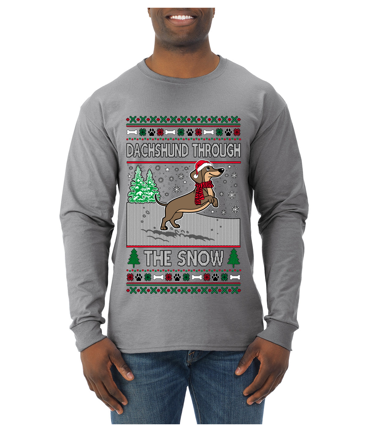 Dachshund Through The Snow, Cute Dog Christmas Sweater, Ugly Christmas Sweater Mens Long Sleeve Shirt