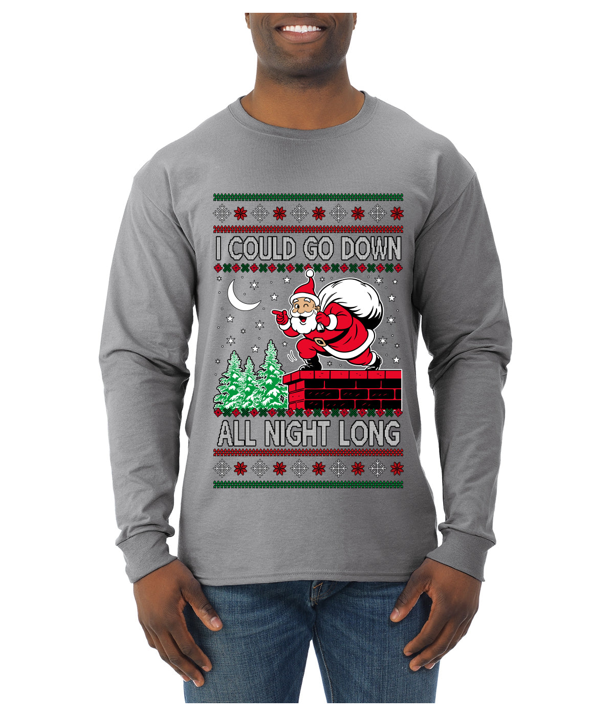 I Could Go Down All Night Long, Ugly Christmas Sweater Mens Long Sleeve Shirt
