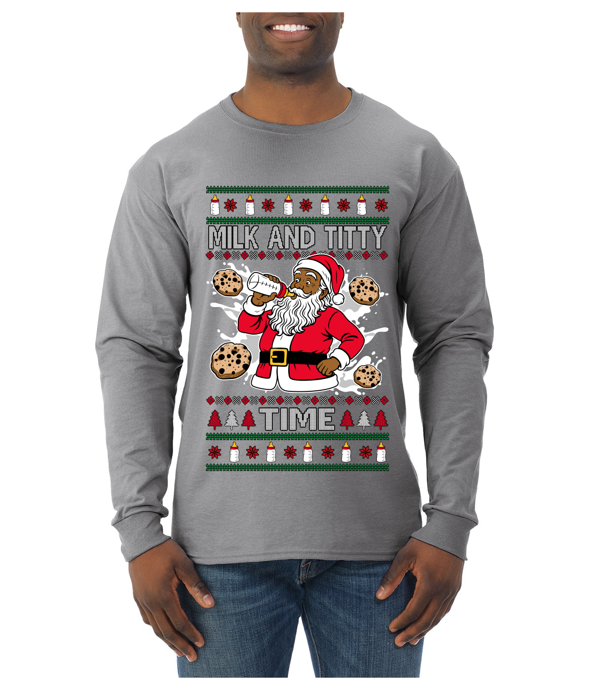 Milk And Titty Time Christmas Sweater, Ugly Christmas Sweater Mens Long Sleeve Shirt