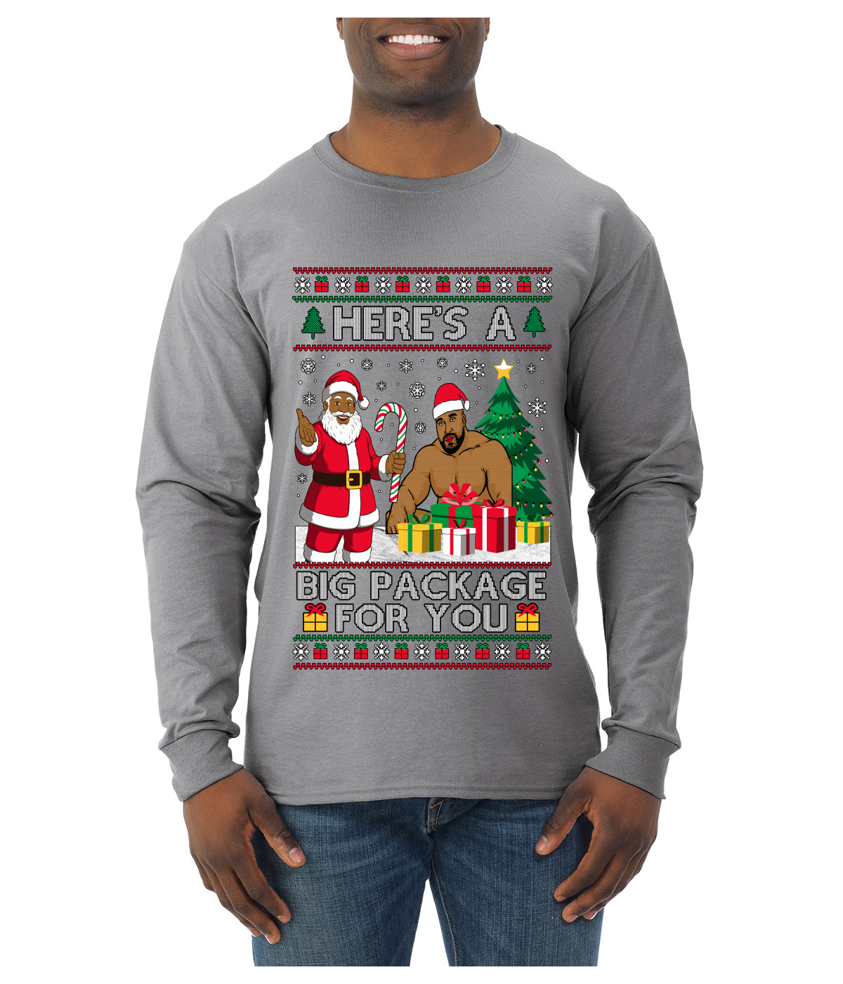 Here's A Big Package For You Black Santa Christmas Sweater, Ugly Christmas Sweater Mens Long Sleeve Shirt