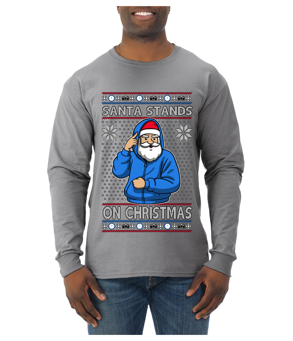 Santa Stands On Christmas, Ugly Christmas Sweater Mens Long Sleeve Shirt