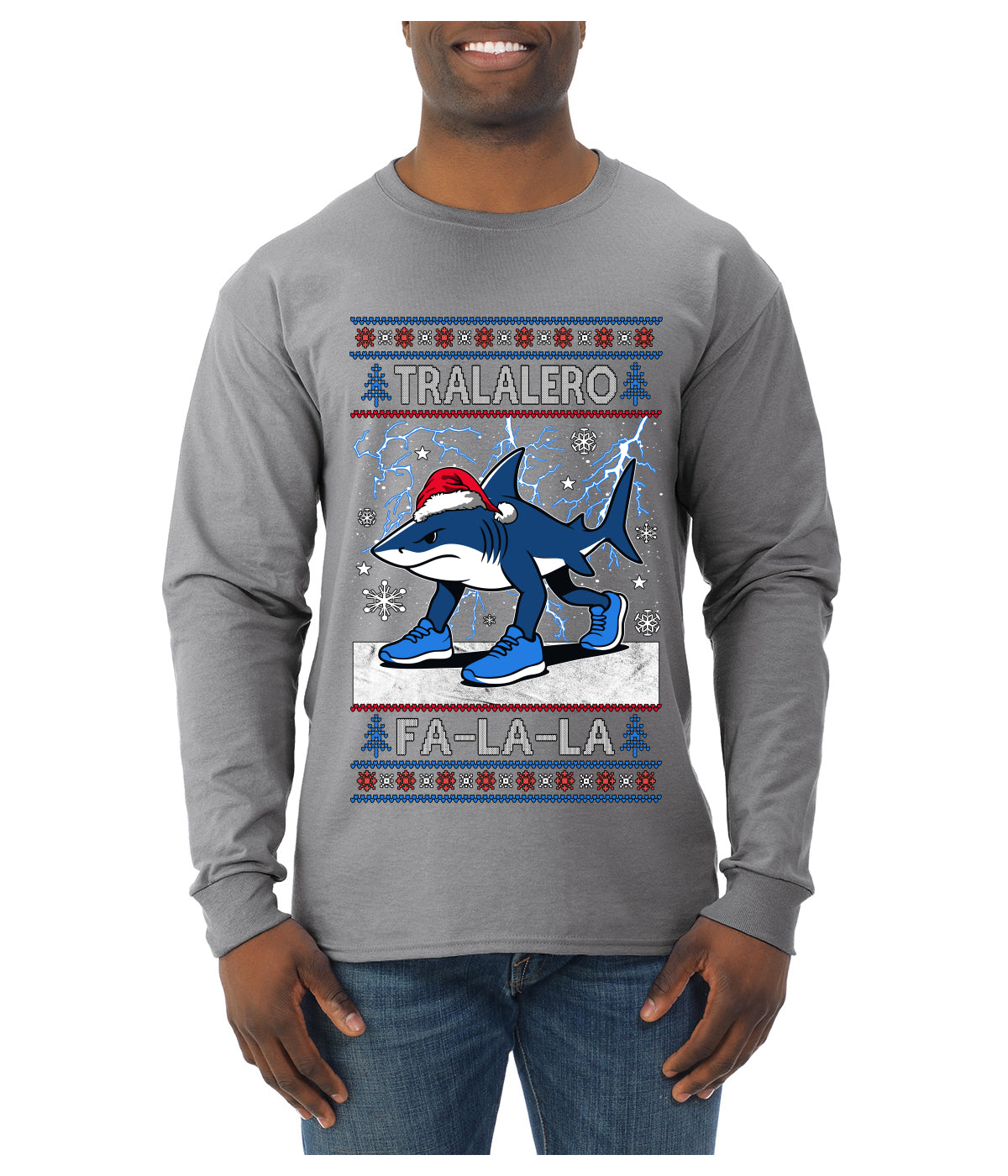 Tralalero Fa La La Brainrot, Ugly Christmas Sweater Mens Long Sleeve Shirt