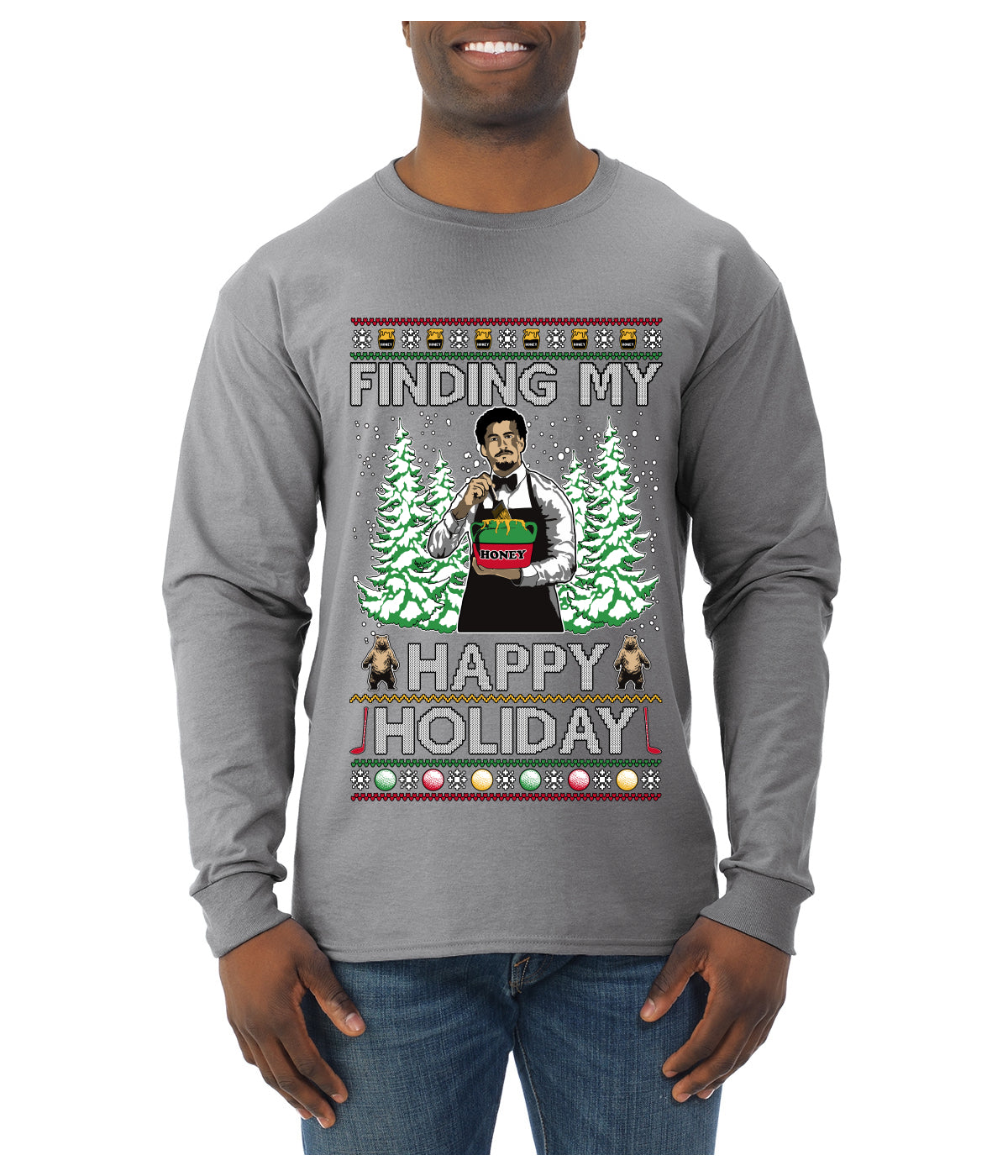 Finding My Happy Holiday, Ugly Christmas Sweater Mens Long Sleeve Shirt