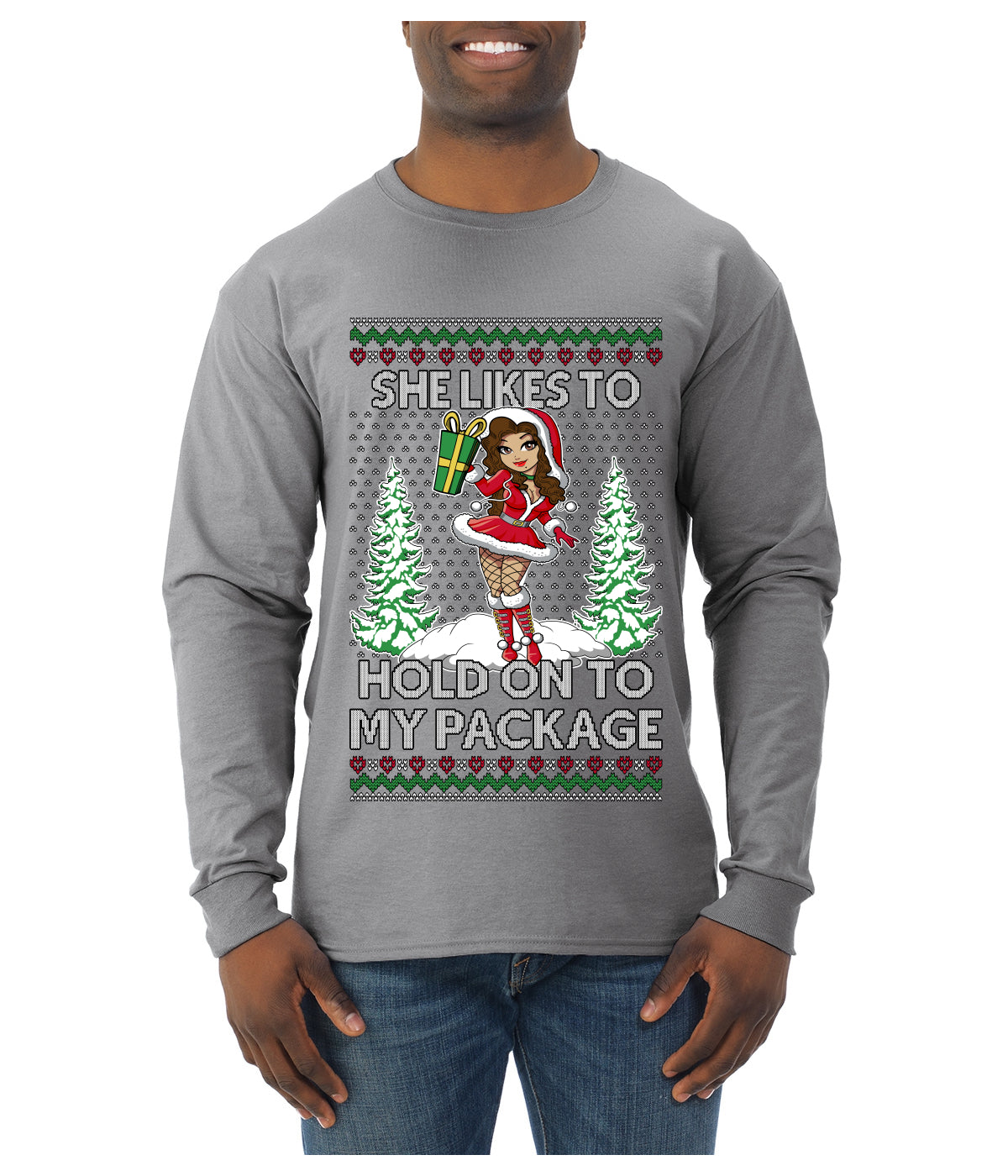 Hold My Package, Ugly Christmas Sweater Unisex Unisex Mens Long Sleeve Shirt