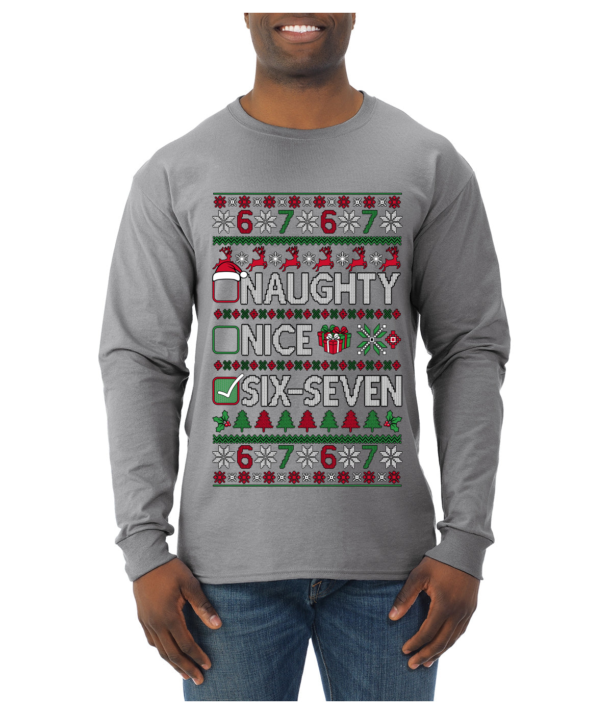 Naughty Nice 6 7 Checklist, Ugly Christmas Sweater Unisex Mens Long Sleeve Shirt