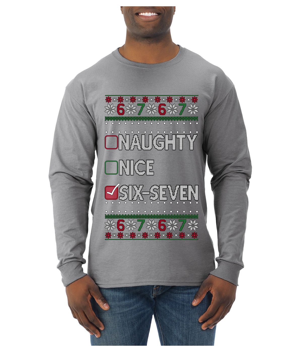 Naughty Nice 6 7 Checklist, Ugly Christmas Sweater Unisex Mens Long Sleeve Shirt