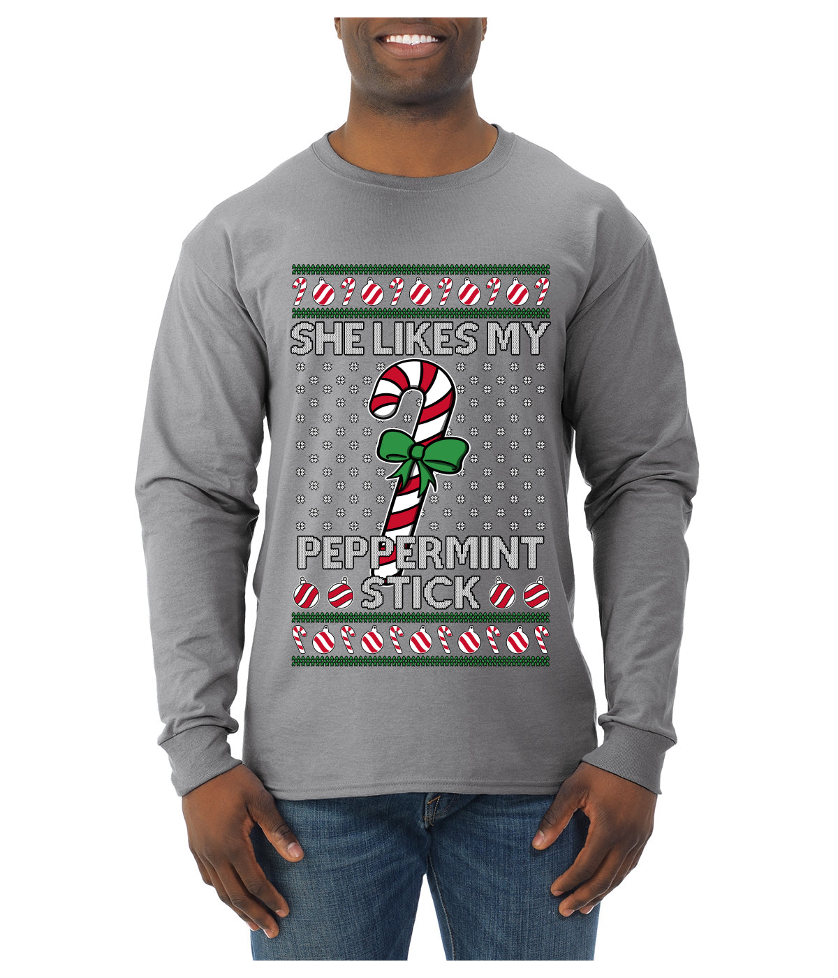 She Likes My Peppermint Stick, Ugly Christmas Sweater Unisex Mens Long Sleeve Shirt