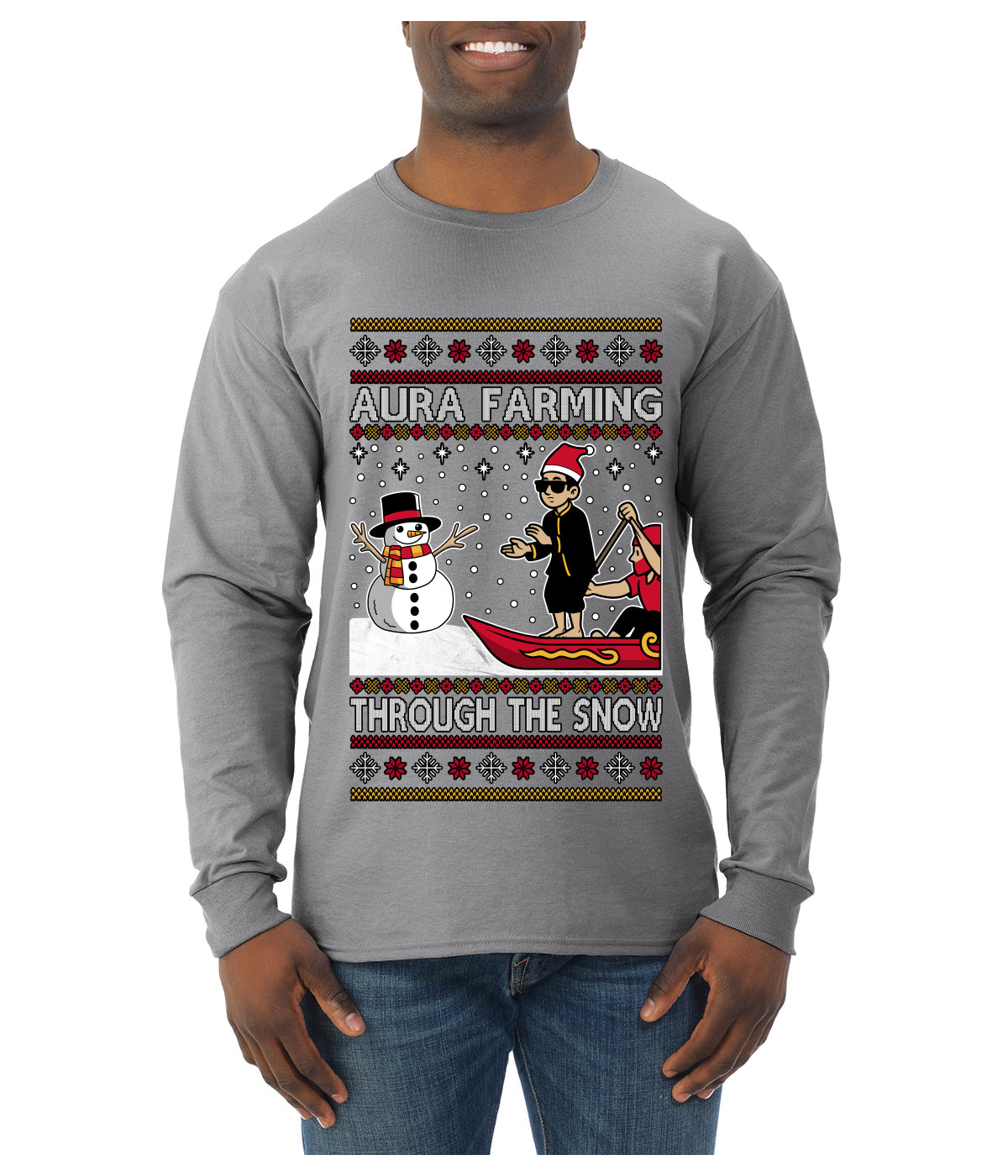 Aura Farming Through The Snow Meme, Ugly Christmas Sweater Unisex Mens Long Sleeve Shirt