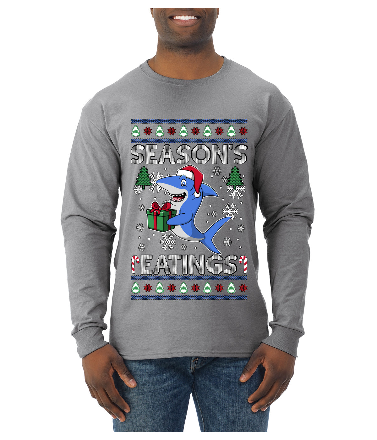 Season's Eatings Shark, Ugly Christmas Sweater Unisex Mens Long Sleeve Shirt