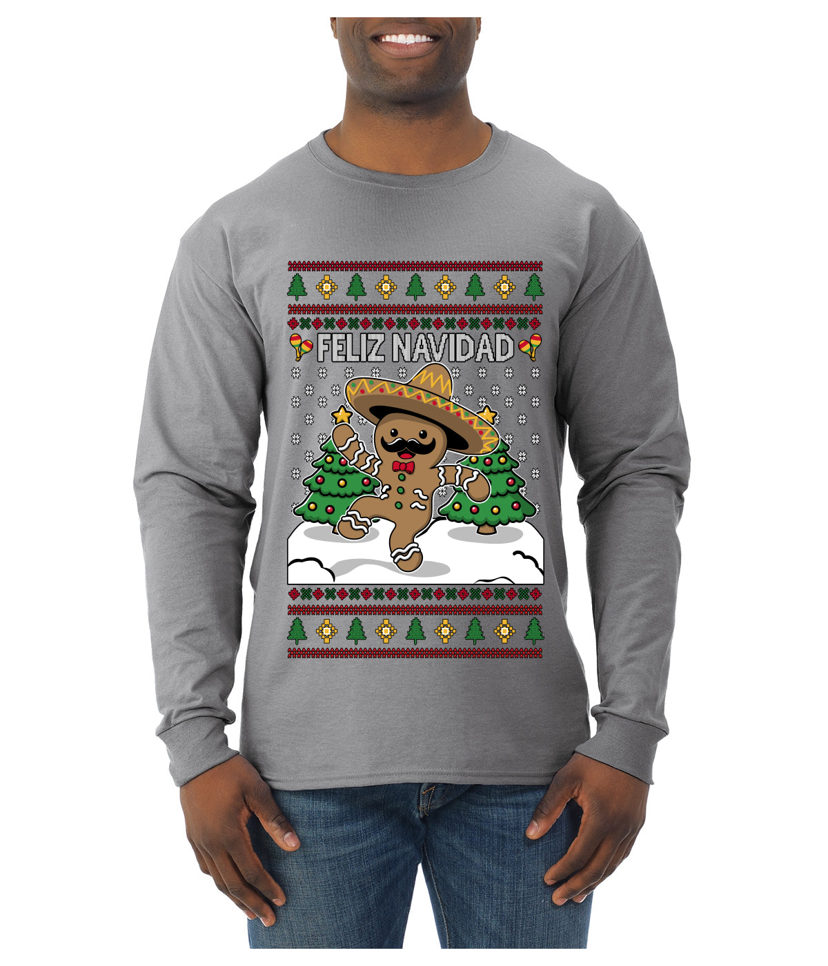 Feliz Navidad Dancing Gingerbread Man, Ugly Christmas Sweater Unisex Mens Long Sleeve Shirt