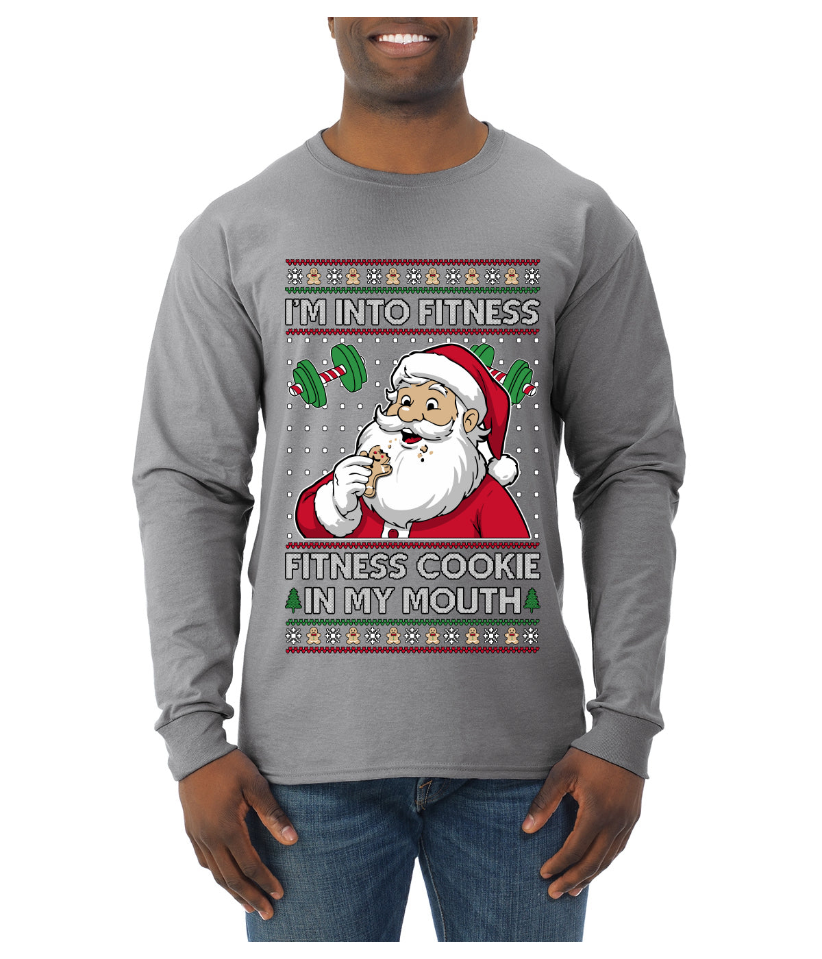I'm Into Fitness Cookie In My Mouth Santa, Ugly Christmas Sweater Unisex Mens Long Sleeve Shirt