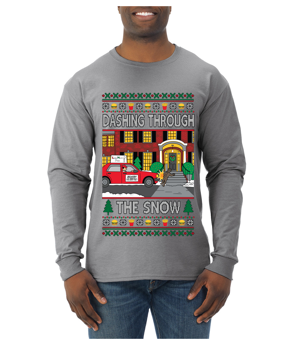 Dashing Through The Snow Classic 90s Holiday Movie, Ugly Christmas Sweater Unisex Mens Long Sleeve Shirt