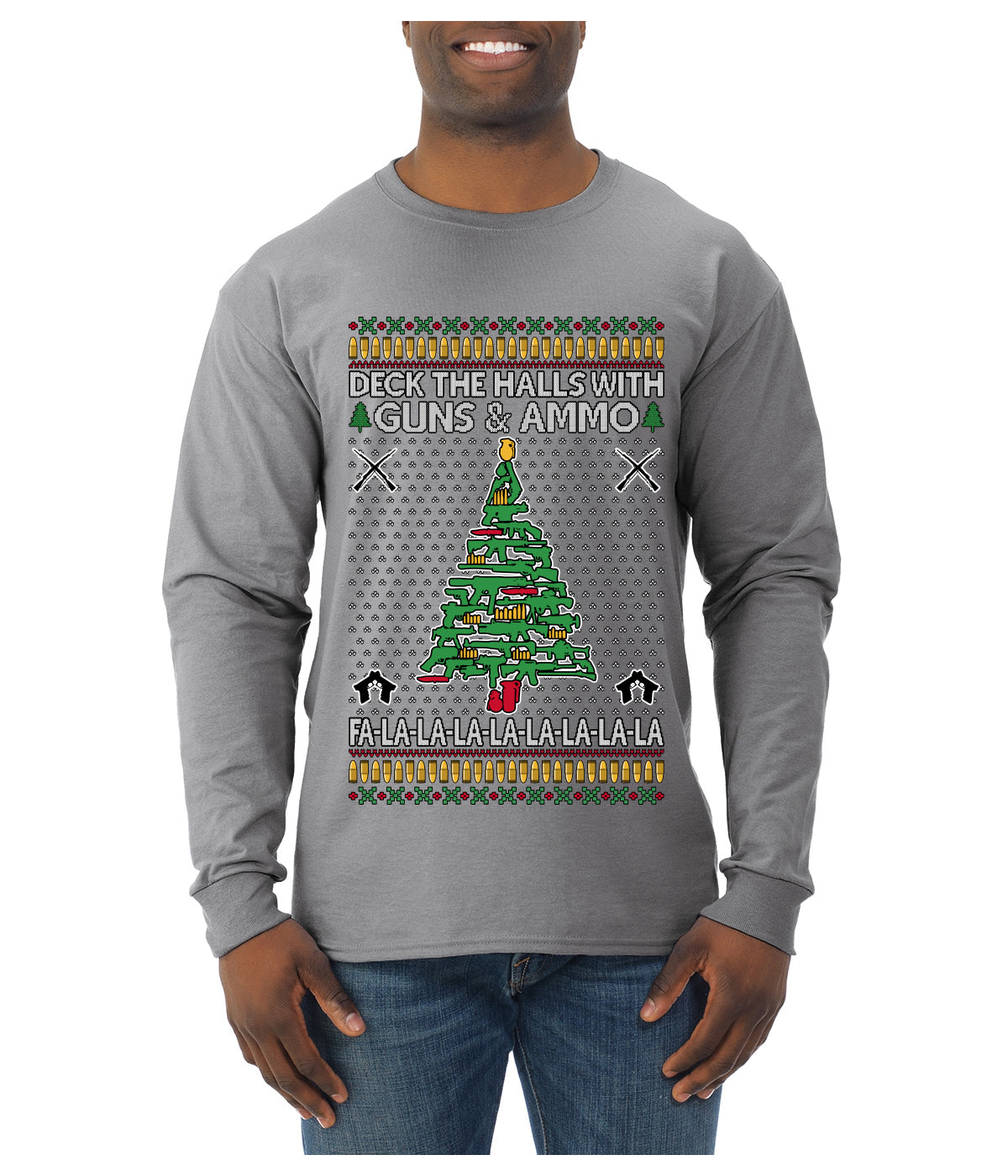 Deck The Halls With Guns & Ammo Fa La La La La, Ugly Christmas Sweater Unisex Mens Long Sleeve Shirt