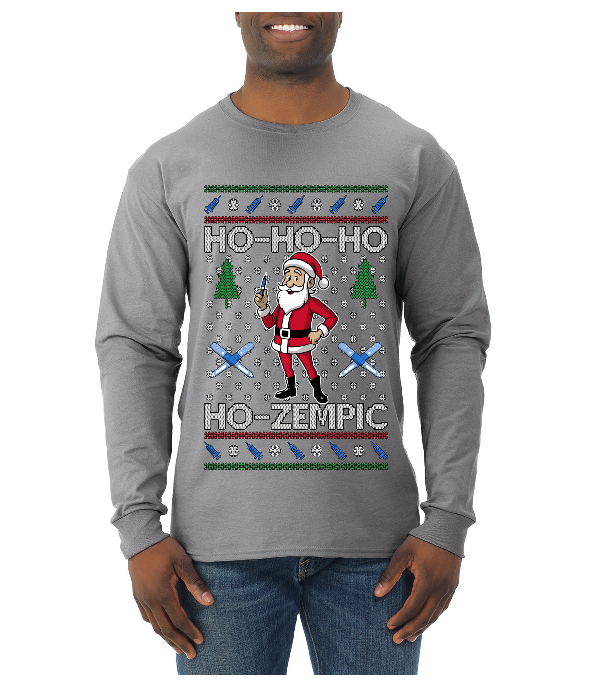 Skinny Santa Ho Ho Ho Ho-Zempic Weight Loss Shot, Ugly Christmas Sweater Unisex Mens Long Sleeve Shirt