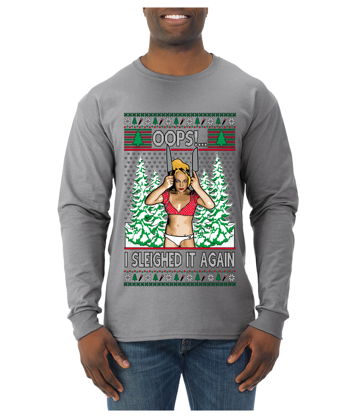 Funny, Knives Popstar Dancing, Music Lover Comedic Christmas Sweater Design, Ugly Christmas Sweater Unisex Mens Long Sleeve Shirt