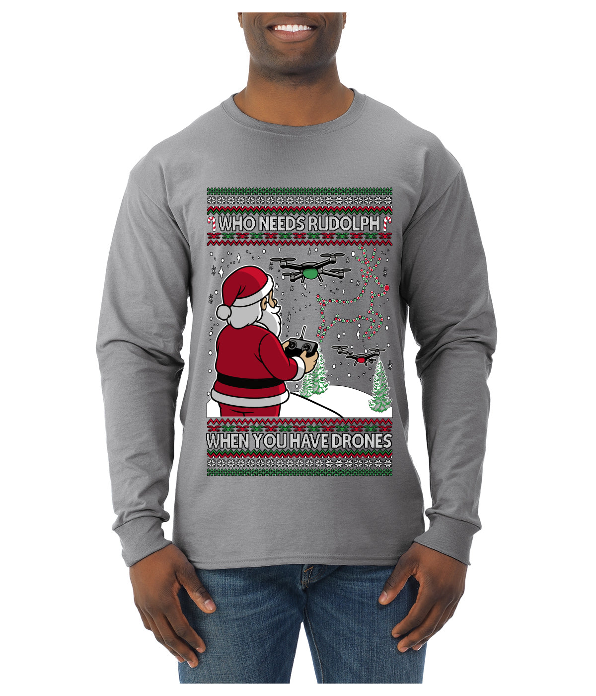 Santa Drone Show Reindeer, Ugly Christmas Sweater Unisex Mens Long Sleeve Shirt