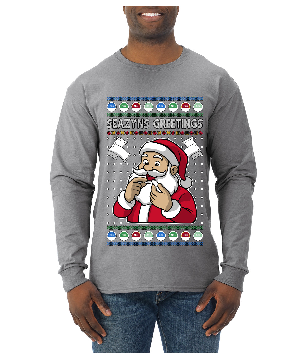 Seazyns Greeting Santa Packing Lip Pouch, Ugly Christmas Sweater Unisex Mens Long Sleeve Shirt