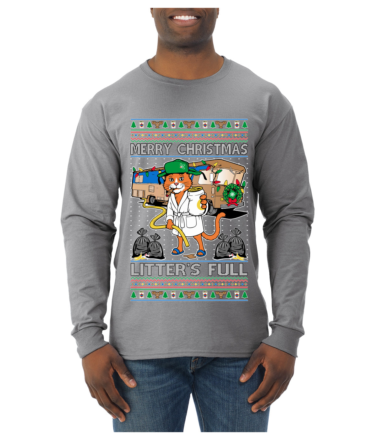 Litters Full Cat, Ugly Christmas Sweater Unisex Mens Long Sleeve Shirt