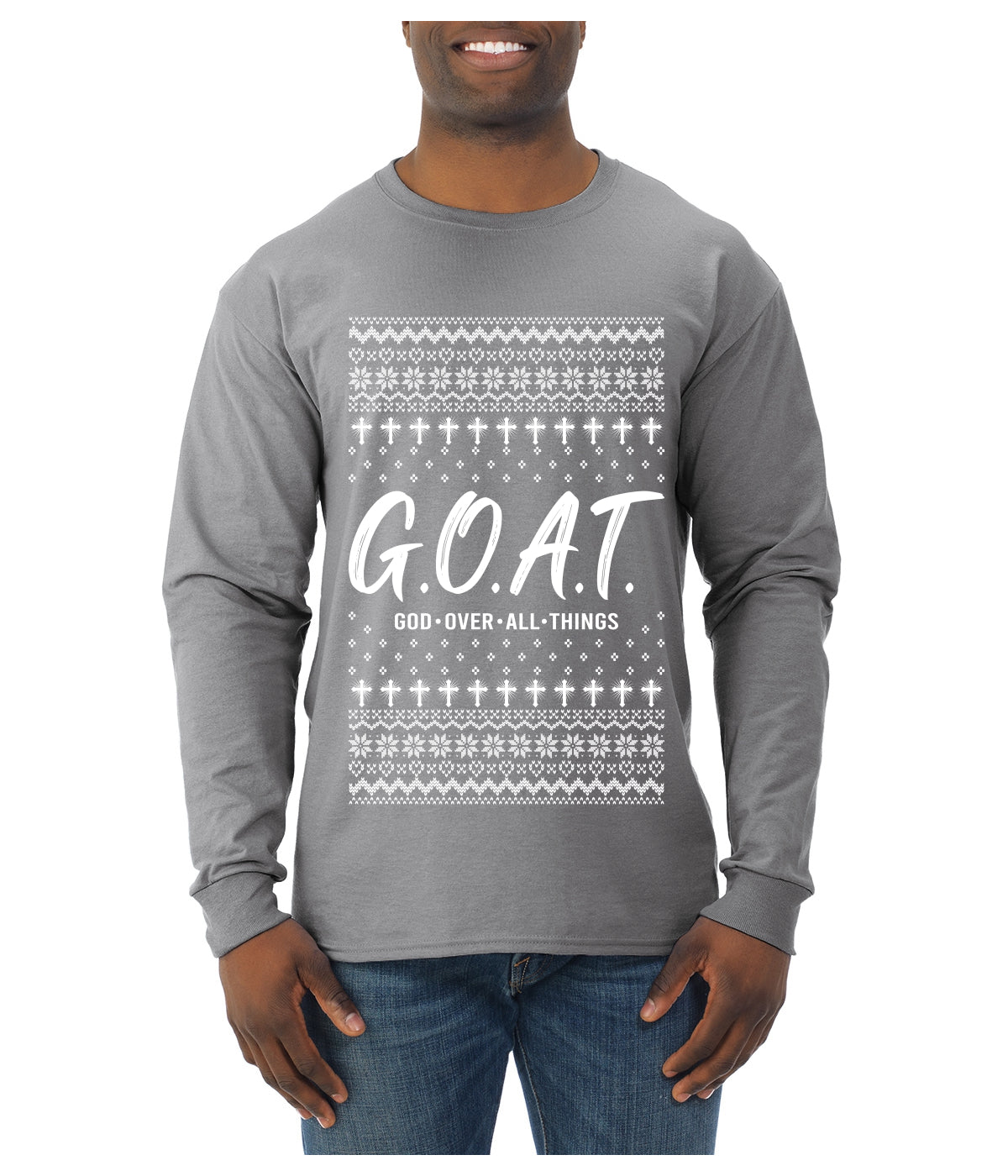 G.O.A.T. God Over All Things, Ugly Christmas Sweater Unisex Mens Long Sleeve Shirt