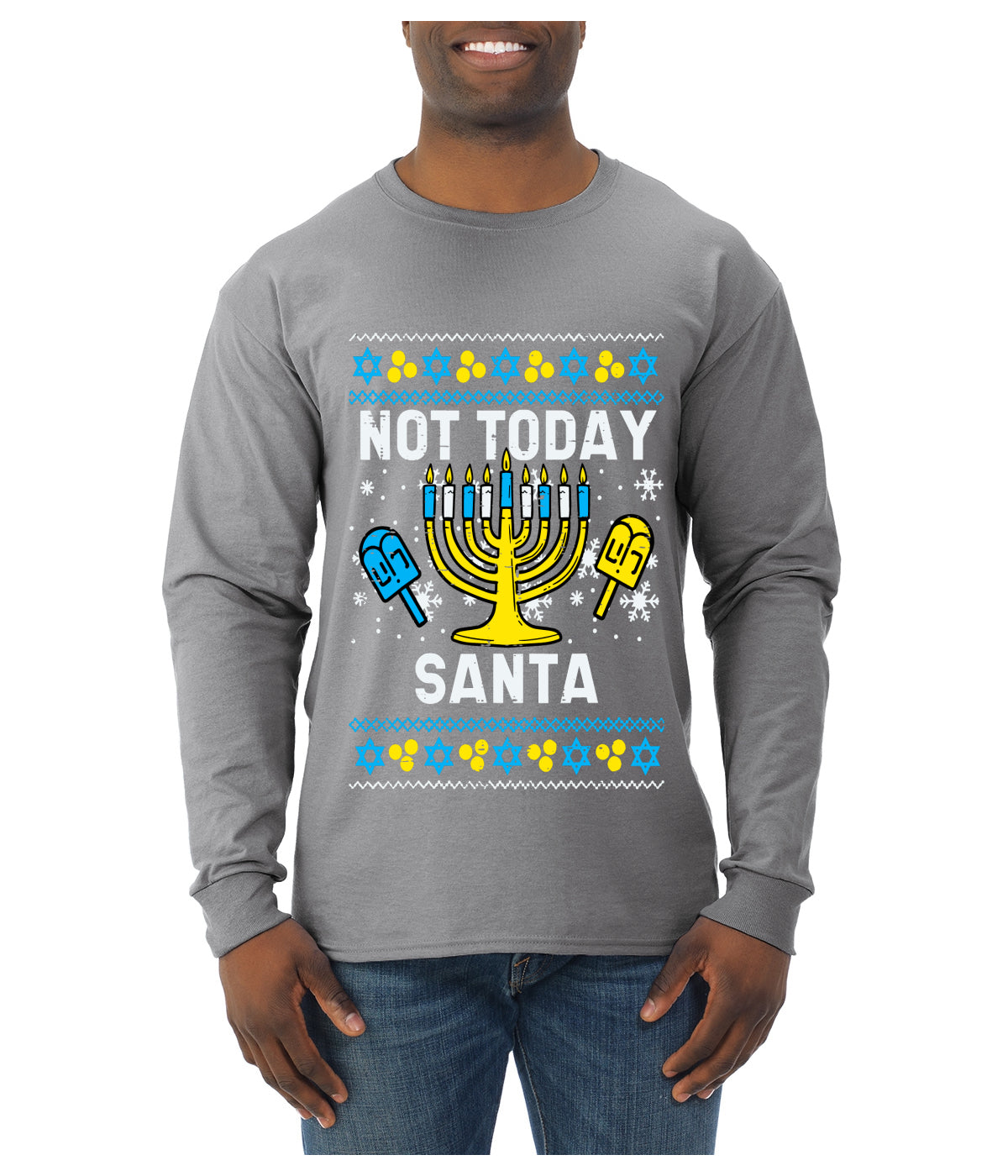 Not Today Santa Menorah Hanukkah, Ugly Christmas Sweater Unisex Mens Long Sleeve Shirt