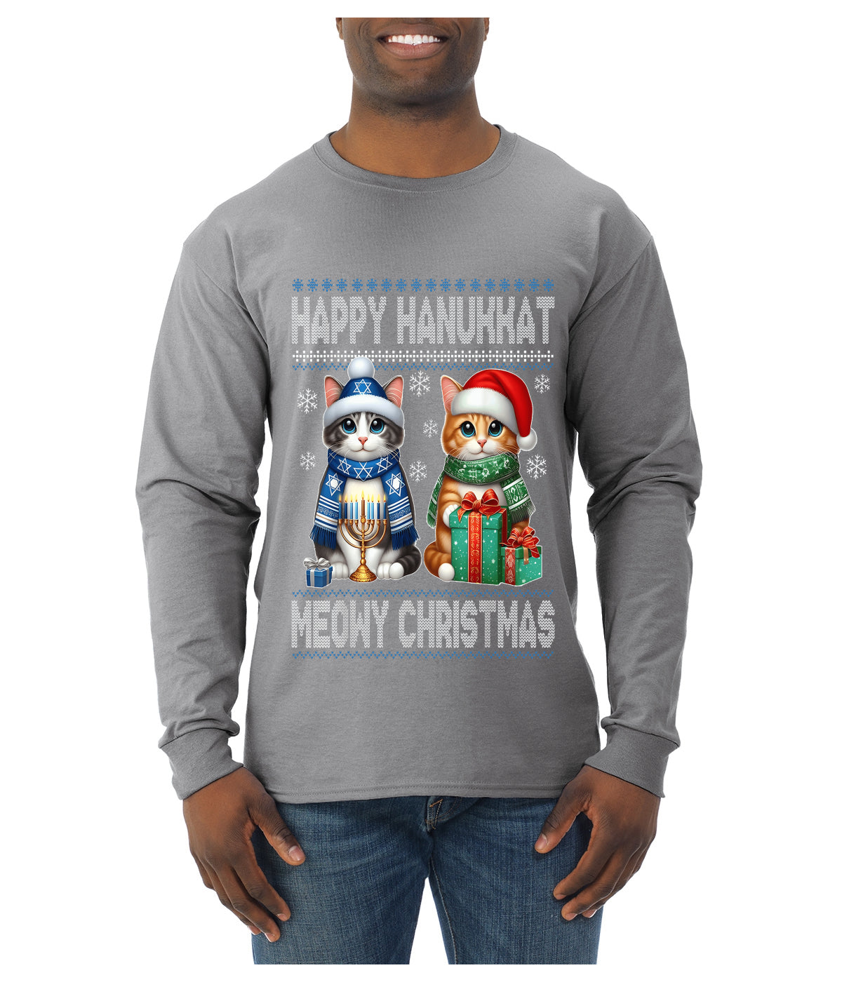 Happy Hanukkat Meowy Christmas, Ugly Christmas Sweater Unisex Mens Long Sleeve Shirt