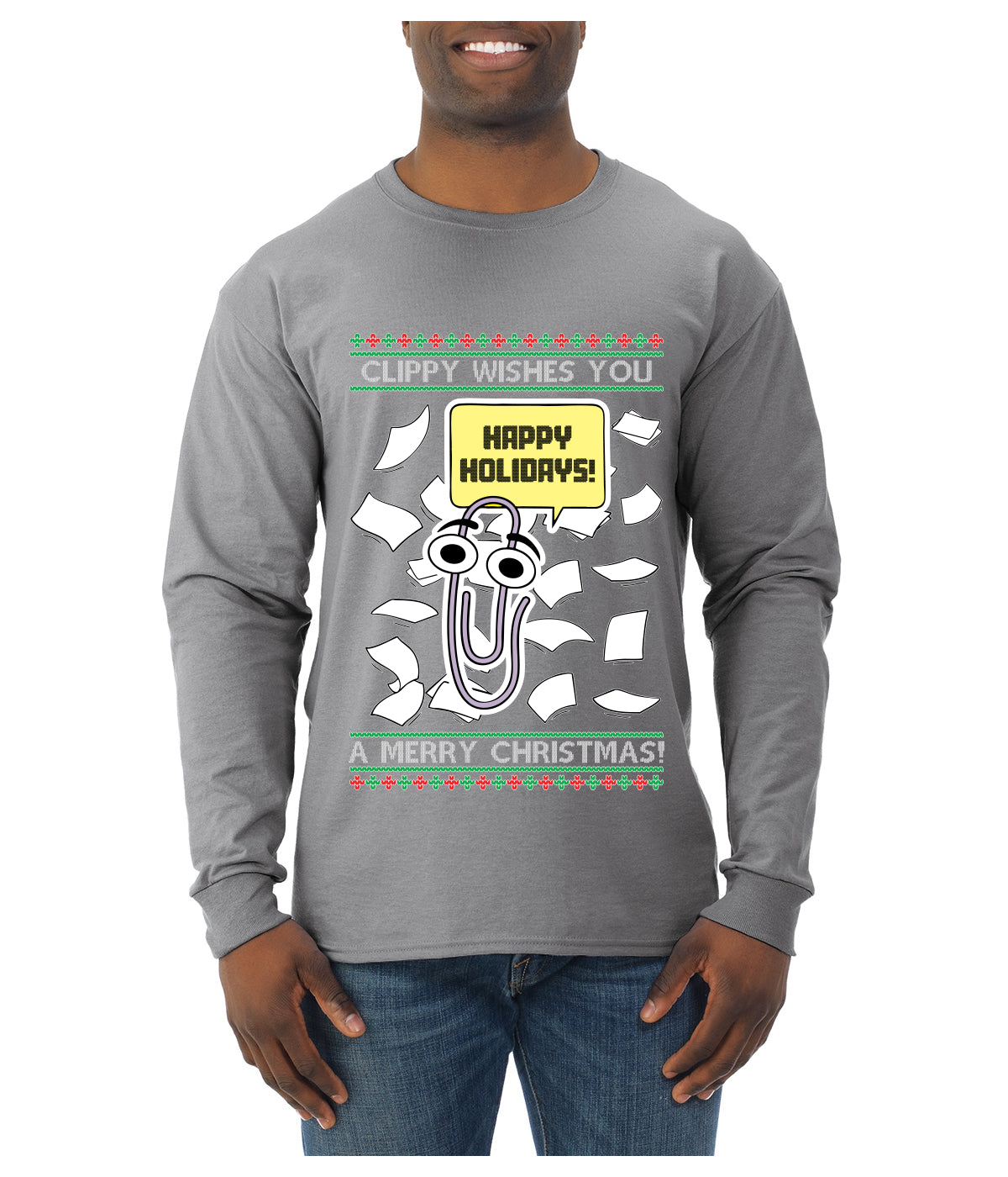 Clippy Wishes You A Merry Christmas Office Assistant, Ugly Christmas Sweater Unisex Mens Long Sleeve Shirt