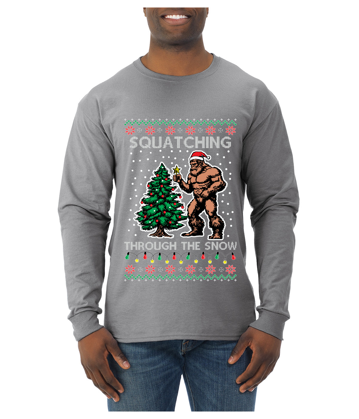 Squatching Through The Snow Bigfoot, Ugly Christmas Sweater Unisex Mens Long Sleeve Shirt
