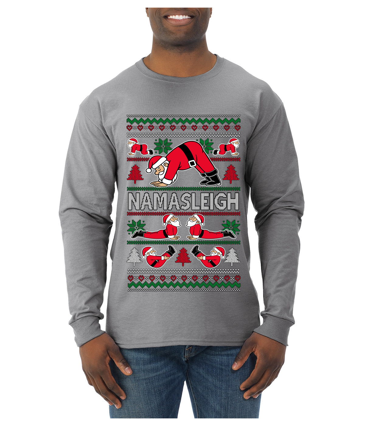 Namasleigh, Namaste Yoga Santa Claus, Ugly Christmas Sweater Unisex Mens Long Sleeve Shirt