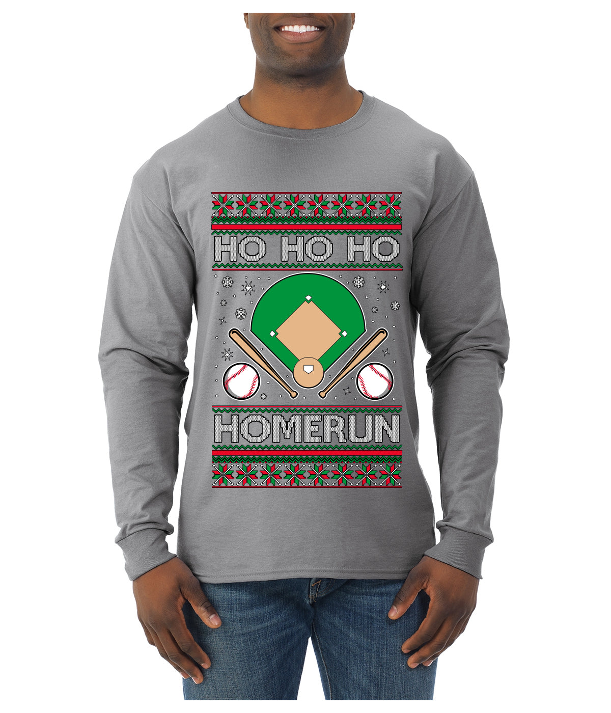 Ho Ho Ho Homerun, Baseball Fan Christmas Design, Ugly Christmas Sweater Unisex Mens Long Sleeve Shirt