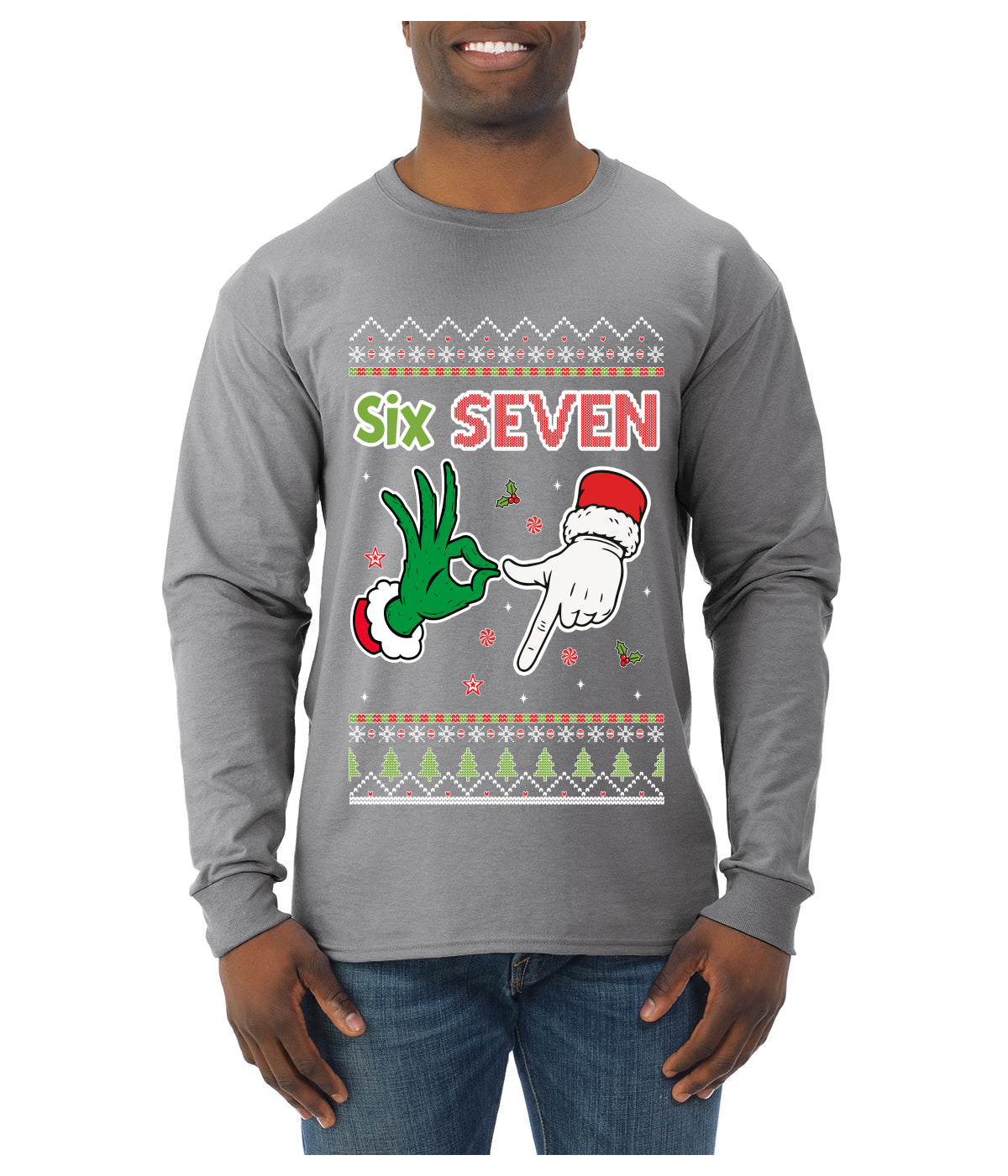 6 7 Christmas Hands, Ugly Christmas Sweater Unisex Mens Long Sleeve Shirt