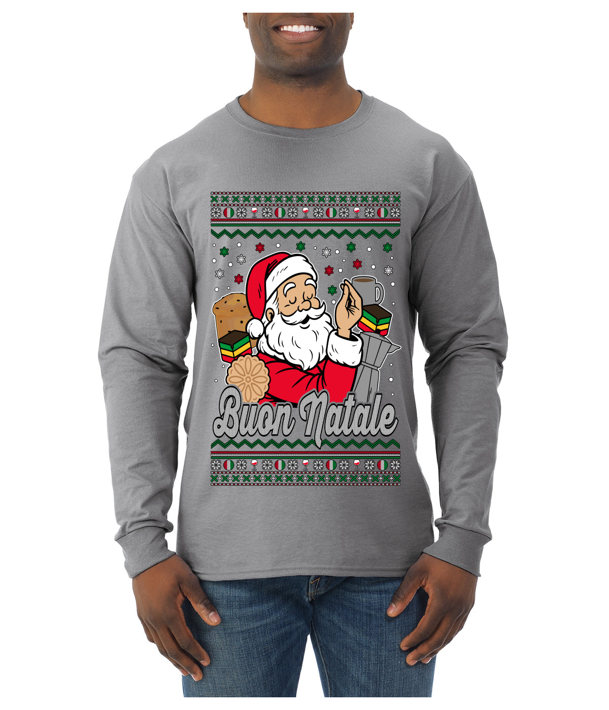 Buon Natale, Italian Santa Claus, Funny, Italian American Humor, Ugly Christmas Sweater Unisex Mens Long Sleeve Shirt