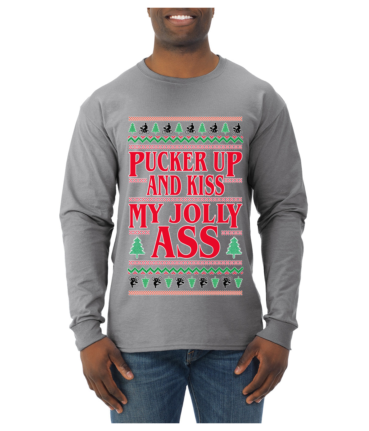 Pucker Up And Kiss My Jolly Ass, Ugly Christmas Sweater Unisex Mens Long Sleeve Shirt