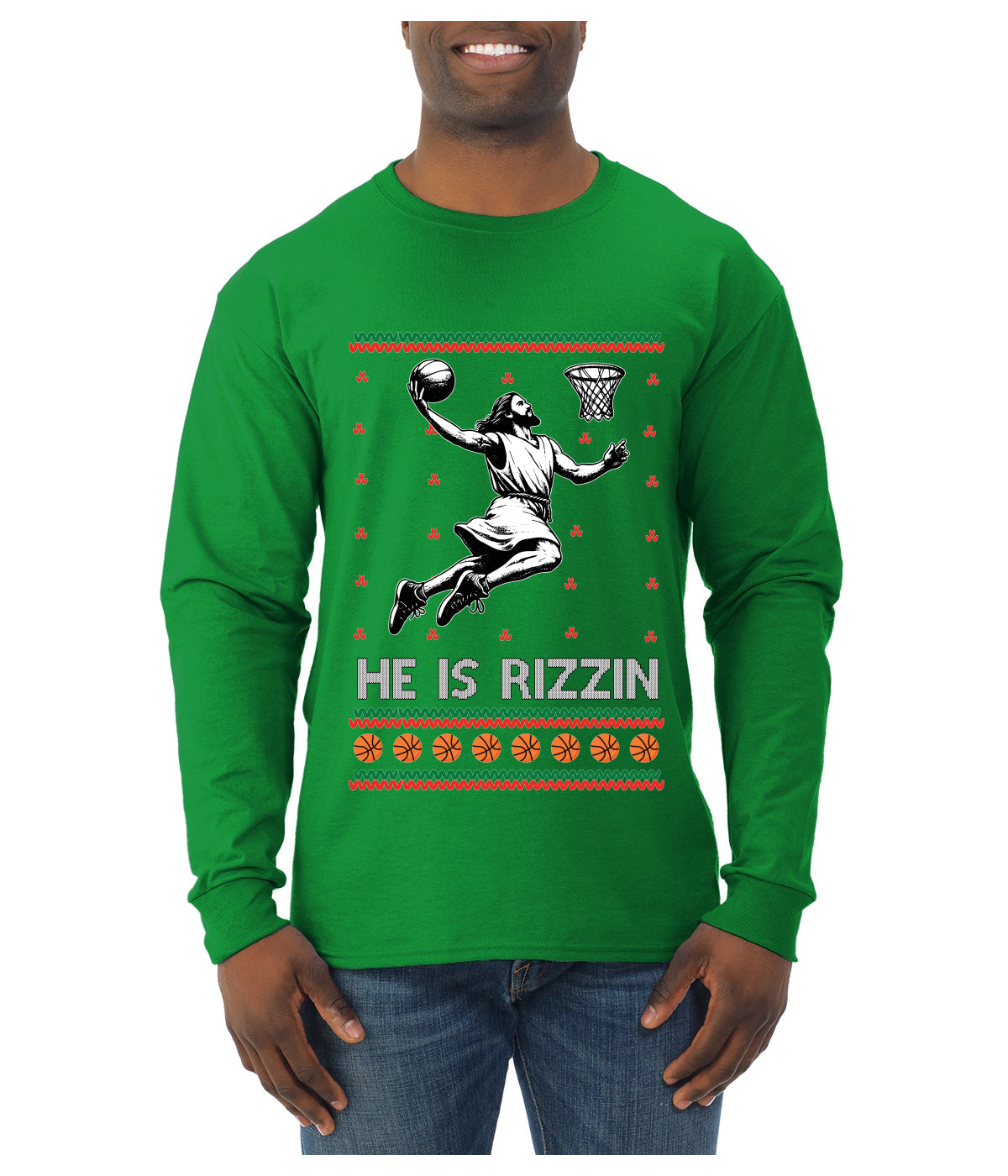 He Is Rizzin, Ugly Christmas Sweater Unisex Mens Long Sleeve Shirt