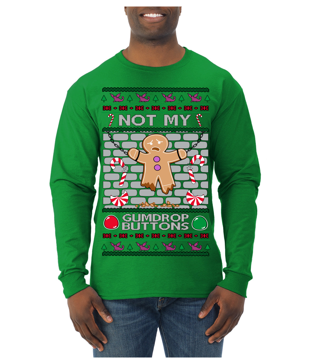 Not My Gumdrop Buttons Funny Classic Movie Quote Ugly Christmas Sweater Mens Long Sleeve Shirt