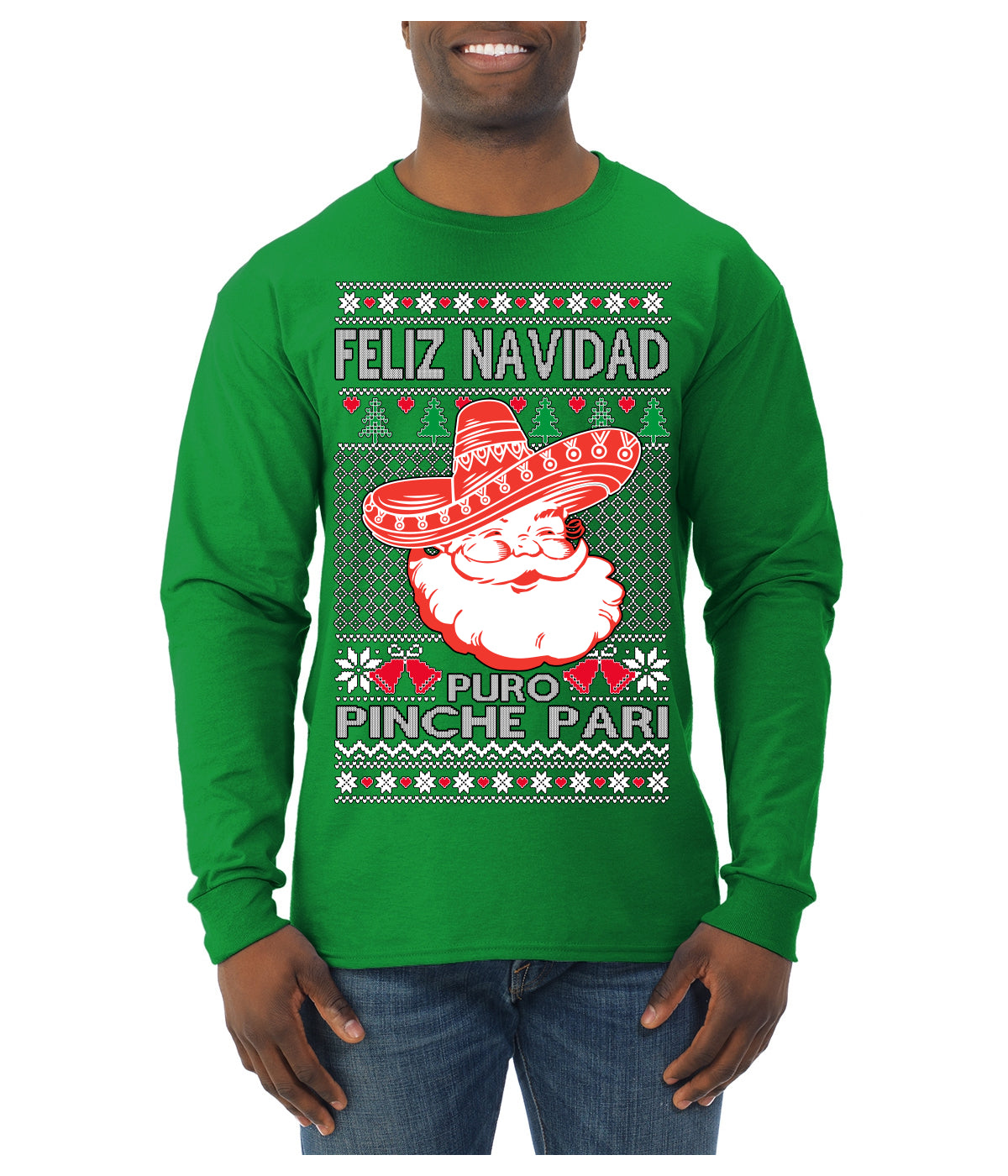 Feliz Navidad Puro Pinche Pari Funny Spanish Song Ugly Christmas Sweater Mens Long Sleeve Shirt