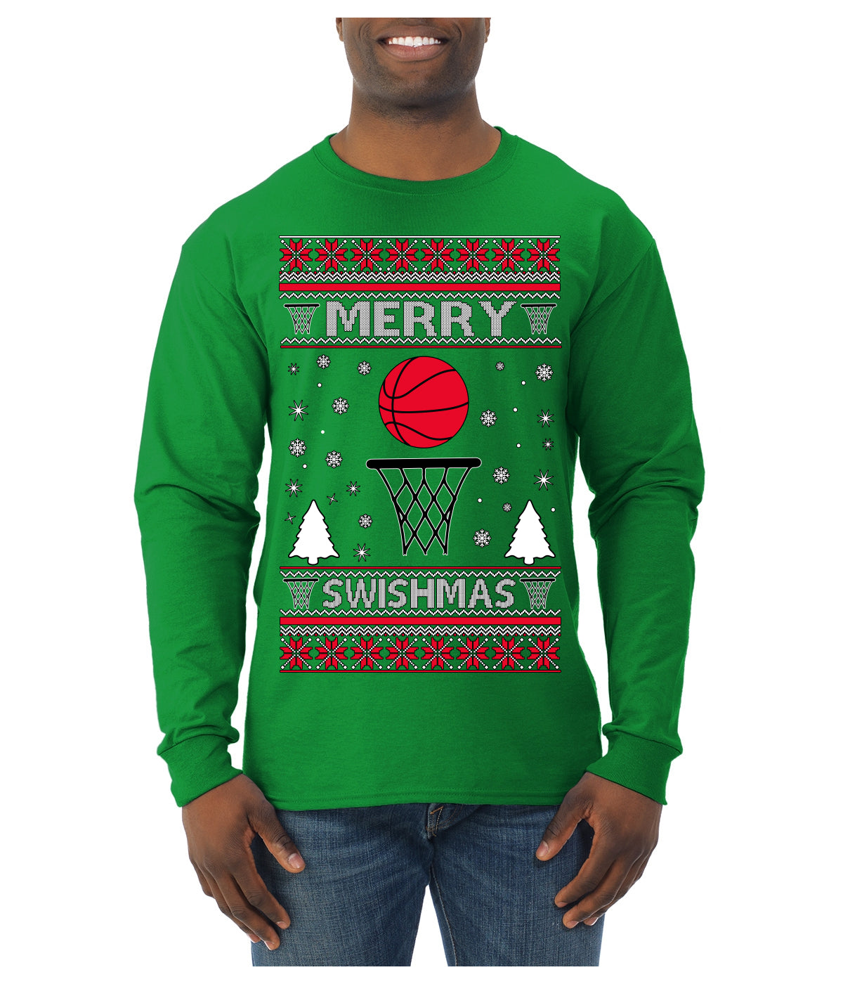 Merry Swishmas Basketball Sports Ugly Christmas Sweater Mens Long Sleeve Shirt