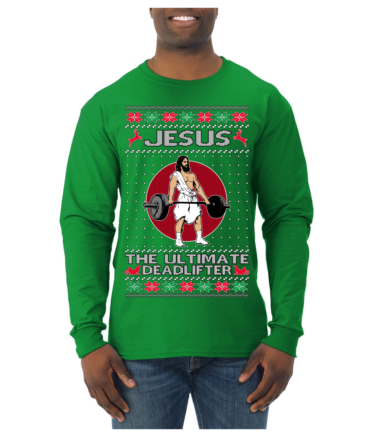 Jesus the Ultimate Deadlifter Funny Ugly Christmas Sweater Mens Long Sleeve Shirt