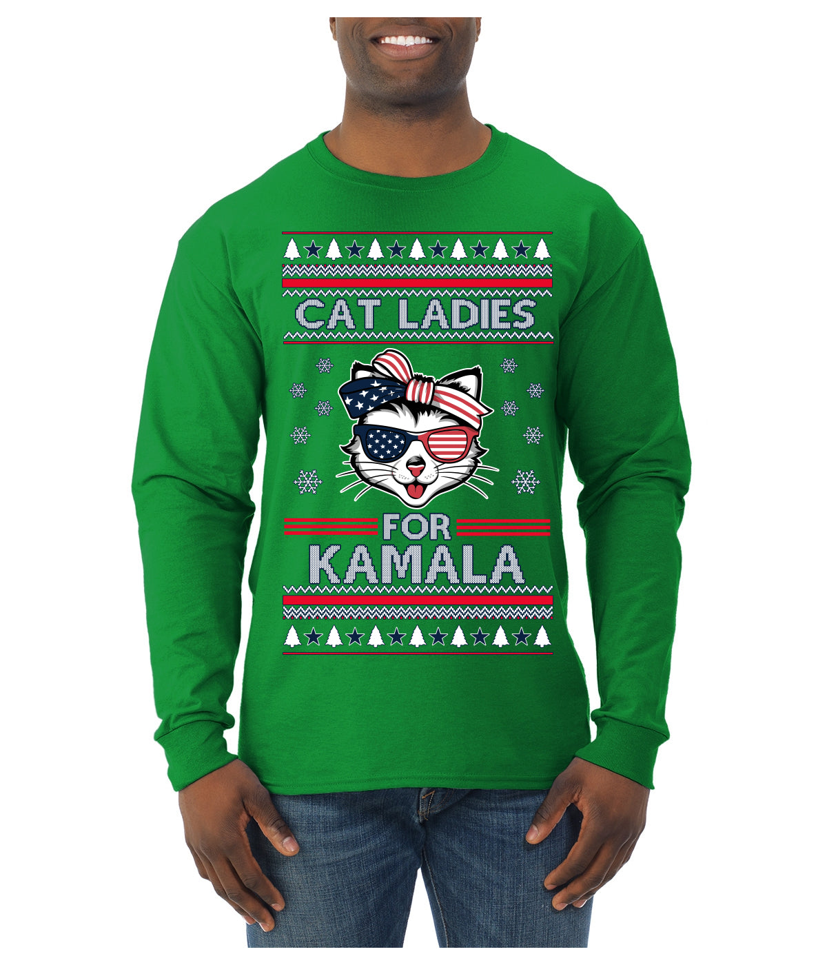 Cat Ladies for Kamala USA Glasses, Harris Tim Walz 2024 Cute USA Glasses Bow Ugly Christmas Sweater Mens Long Sleeve Shirt
