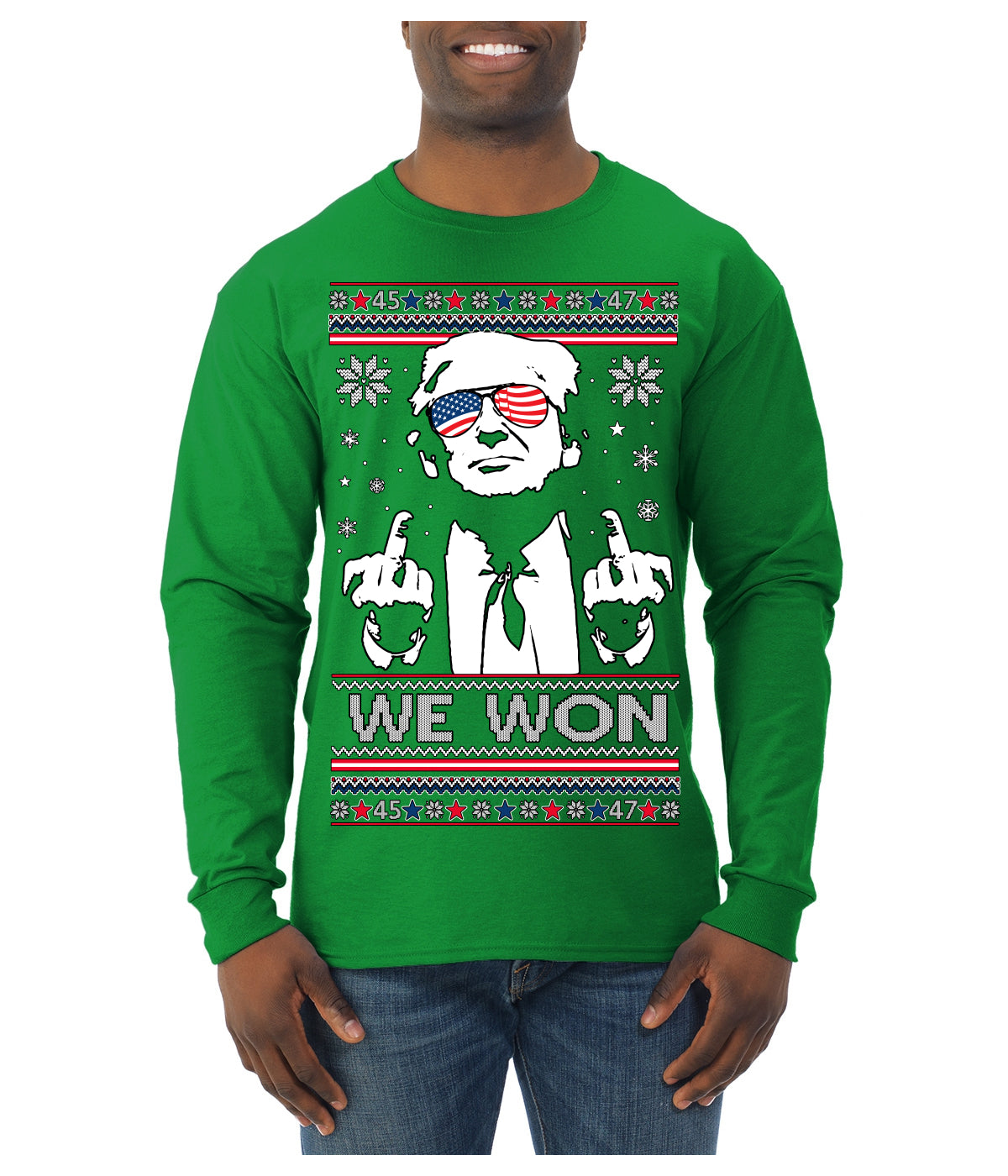 We Won Funny 45 47 President Trump Shot USA Glasses Ugly Christmas Sweater Mens Long Sleeve Shirt