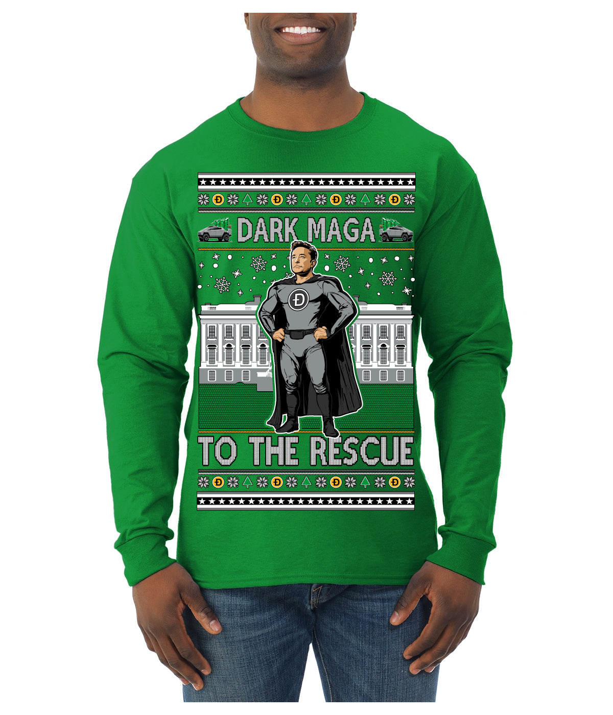 Dark MAGA to the Rescue Elon Superhero Doge Crypto Ugly Christmas Sweater Mens Long Sleeve Shirt