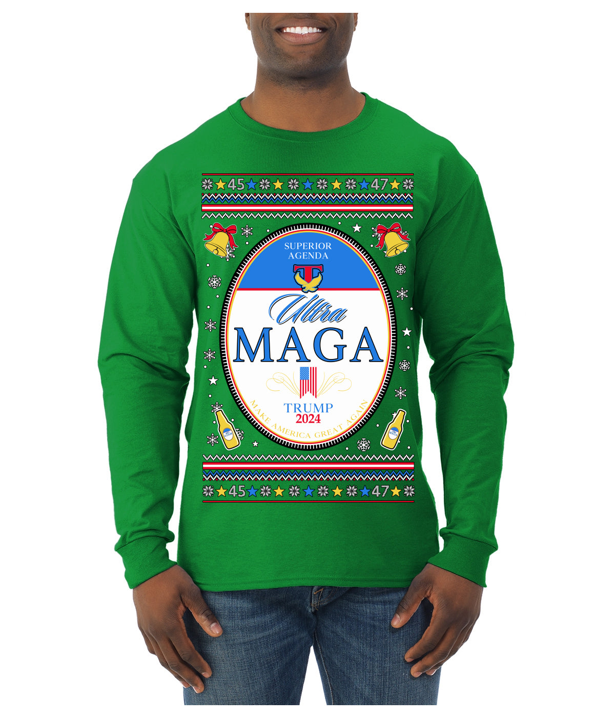 Ultra MAGA Superior Agenda Trump 2024 Funny Beer Logo Ugly Christmas Sweater Mens Long Sleeve Shirt