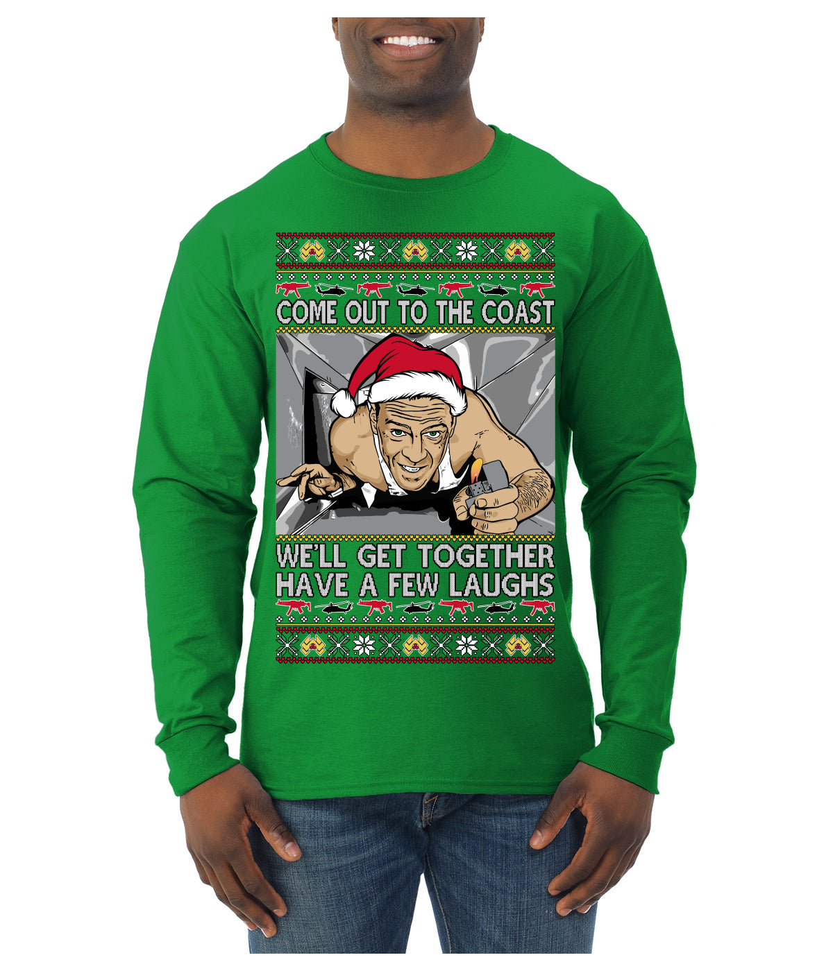 Come Out to the Coast Have a Few Laughs Die Hard McClane Ugly Christmas Sweater Mens Long Sleeve Shirt