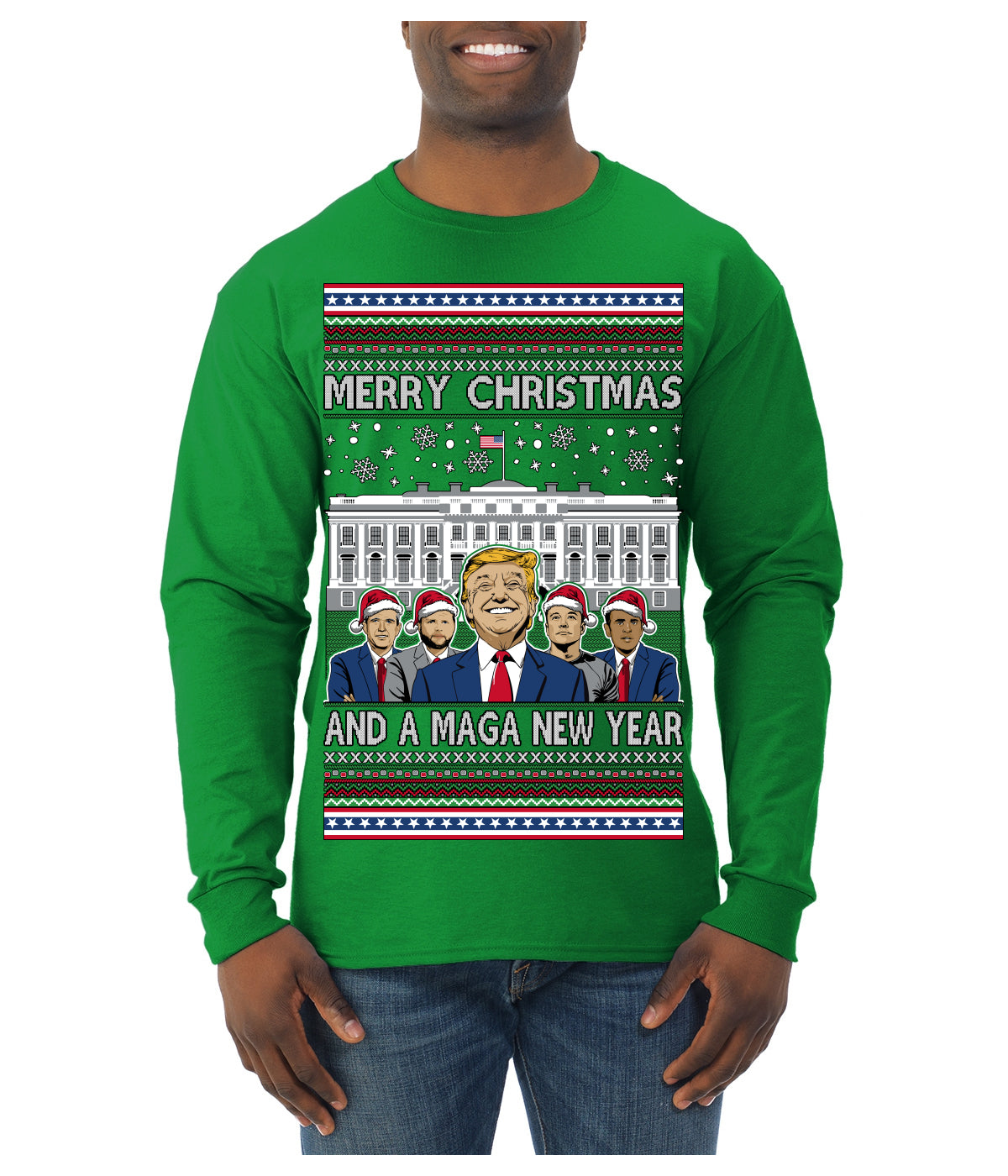 Merry Christmas and a MAGA New Year 2025 Ugly Christmas Sweater Mens Long Sleeve Shirt